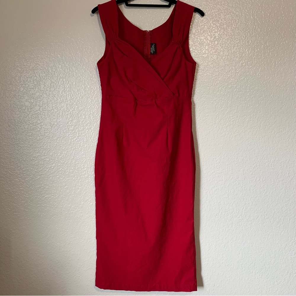 Red form fitting mid length dress
